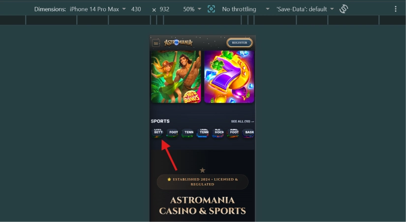 Astromania casino mobile screen